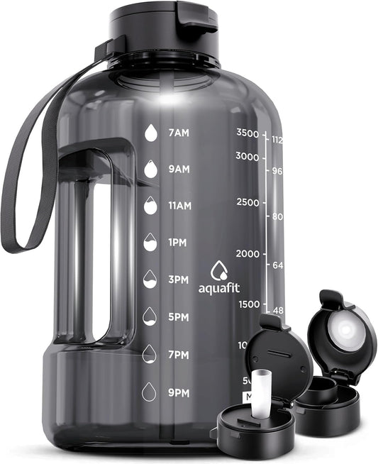 1 Gallon Water Bottle with Time Marker - Straw & Chug Lid - BPA Free Gym Water Bottle with Straw - Big Gallon Jug (Gray, 128 Oz - 2 Lids)