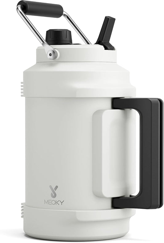 1 Gallon Insulated Water Bottle for Sports:  128 Oz Triple Wall Vacuum Stainless Steel Water Jug - Top and Side Handles, Cold for 48 Hrs, 2-In-1 Straw and Spout Lid, Leak Proof for Hiking (Ivory)