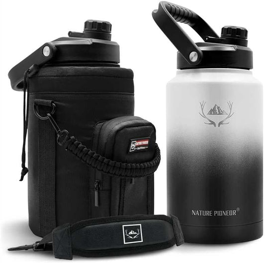 1 Gallon Insulated Water Bottle - Double Vacuum Stainless Steel 128 Oz Water Bottle with Holder/Carrier, Wide Mouth 1 Gallon Water Jug for Outdoor Sports, Hiking, Camping, Gym