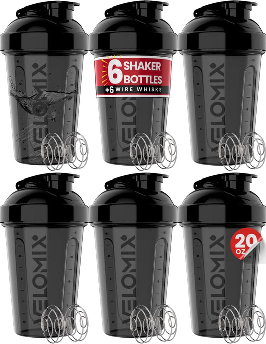 -6 PACK- 20 Oz Protein Shaker Bottle for Protein Mixes - 6X Wire Whisk | Leak Proof Shaker Cups for Protein Shakes| Stackable Protein Shaker Bottle Pack | Dishwasher Safe (ALL in BLACK)